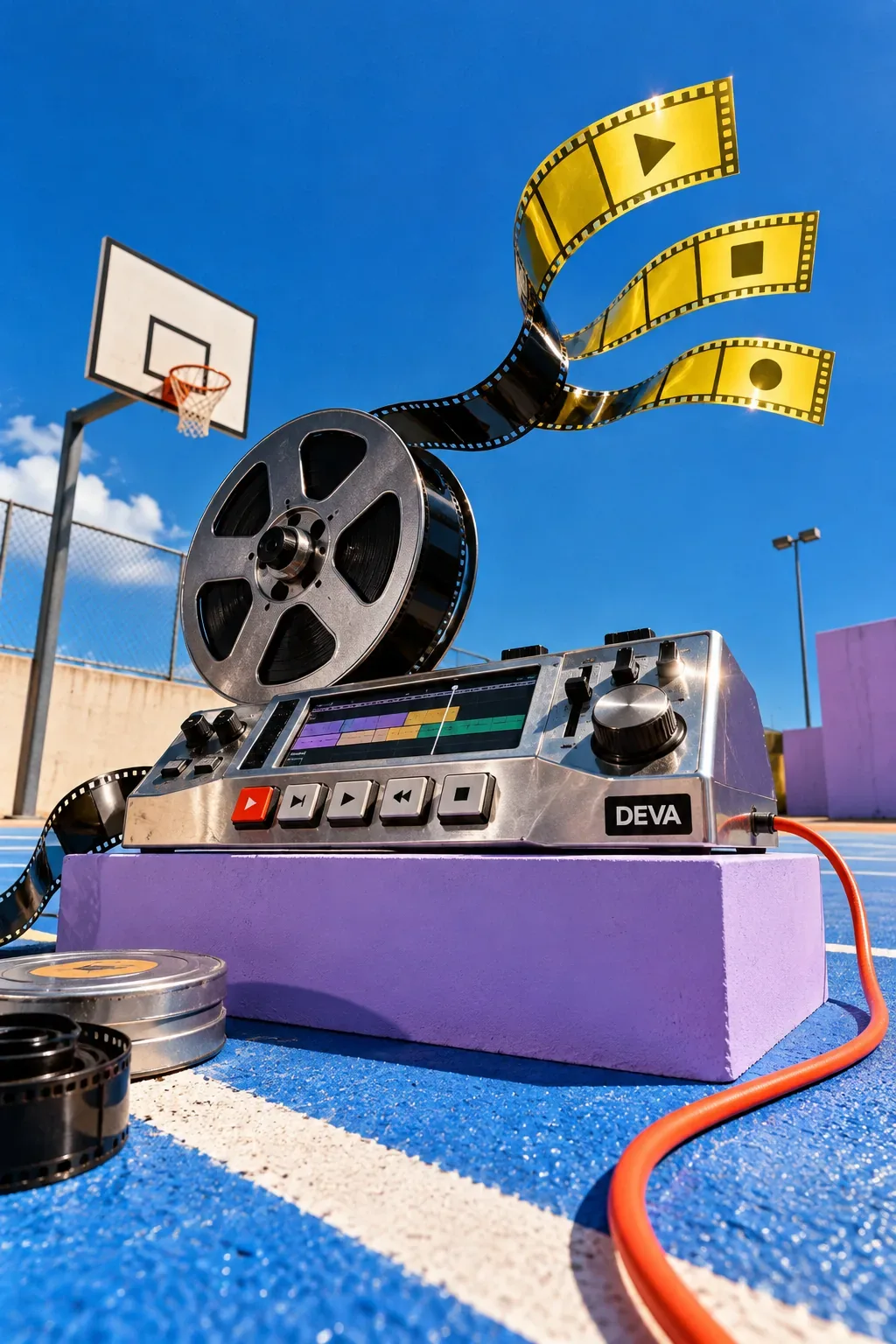 One film reel split into short clips on a video-editing deck