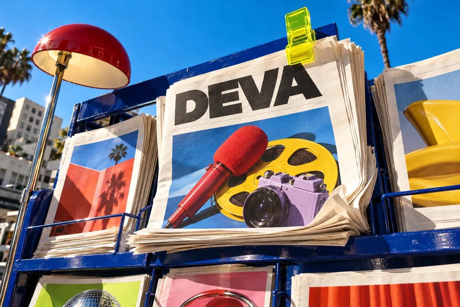 A publishing stand displaying Deva’s content and production stories